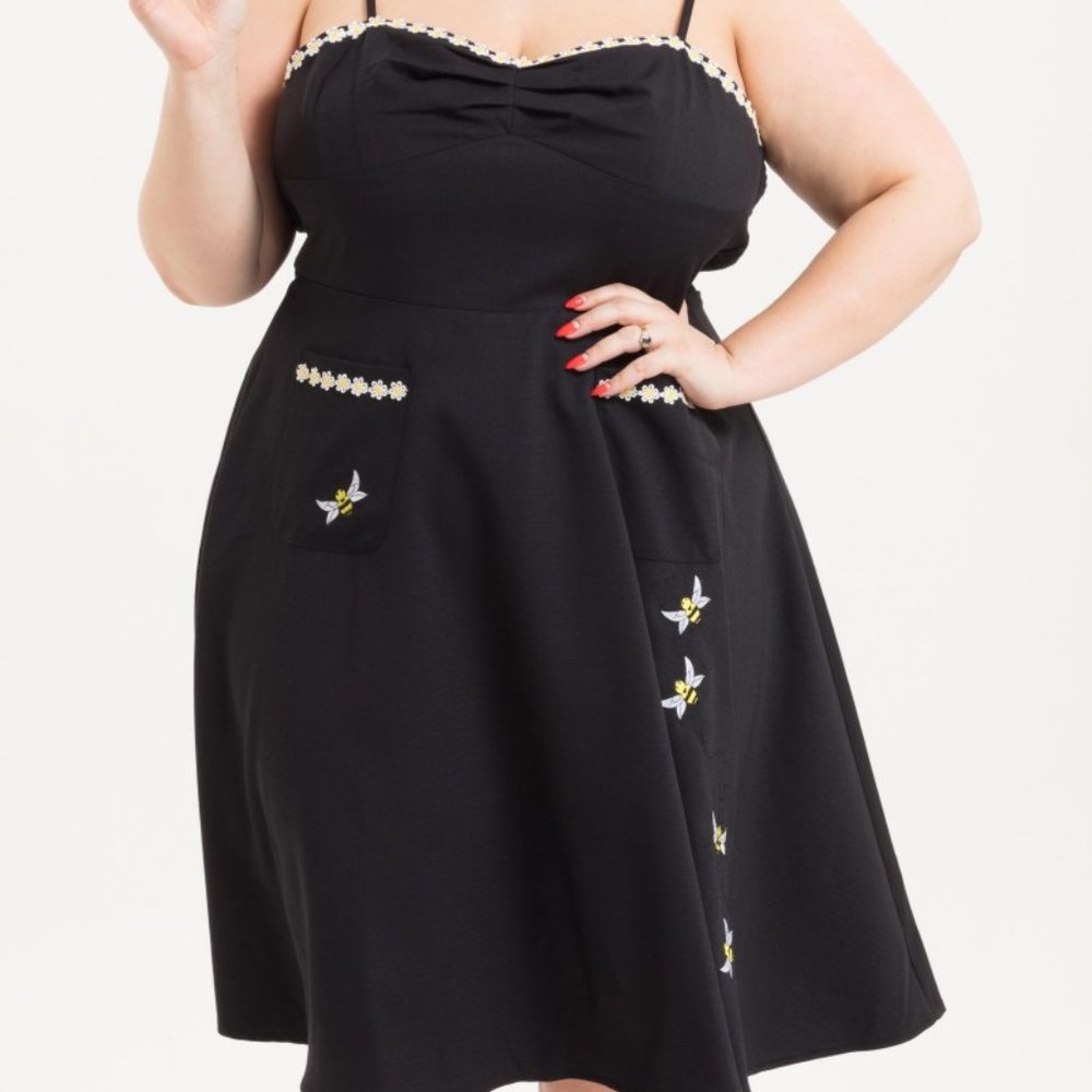 Voodoo Vixen Black Bee Embroidery Flared Dress 2X